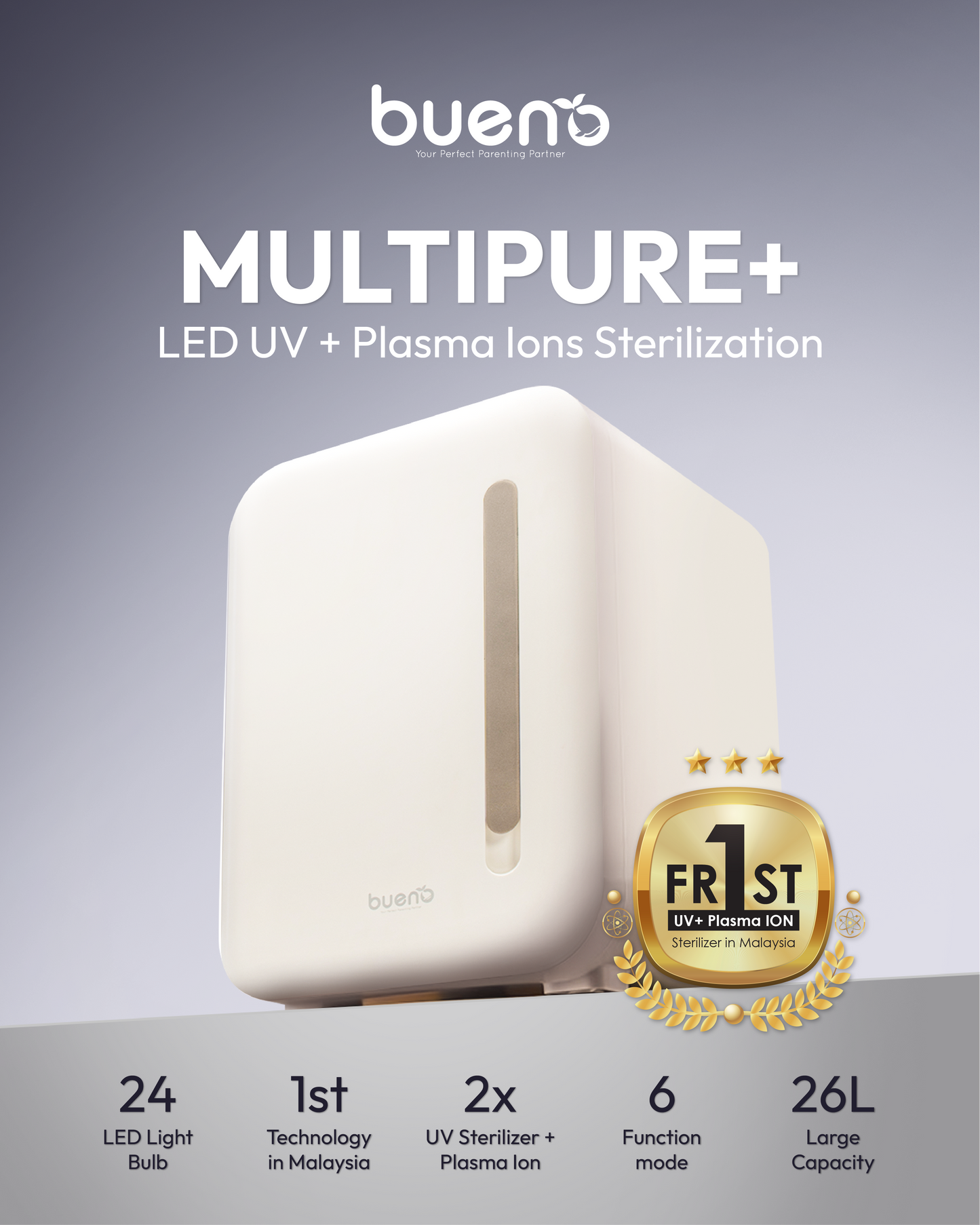 Bueno Multipure+ UV LED Plasma Ions Sterilizer & Dryer - 26L (FREE Bueno MultiCook Pot)